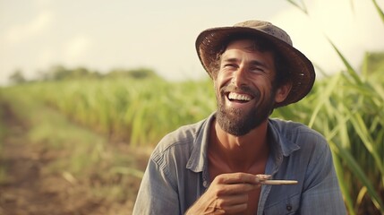 illustration of Portrait of a farmer eating sugar cane and smiling, Generative ai - obrazy, fototapety, plakaty