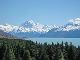 Majestic view of turquoise Lake Pukaki with snow-capped Aoraki Mt Cook on New Zealand's South Island