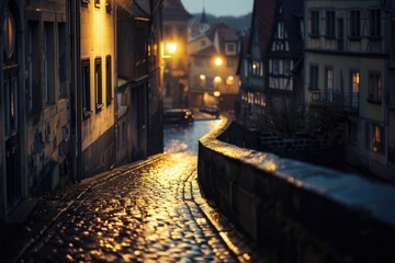 Wet cobblestone street at night, perfect for urban backgrounds