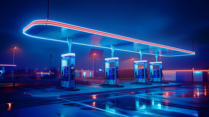 A futuristic gas station illuminated by vibrant blue lights at night