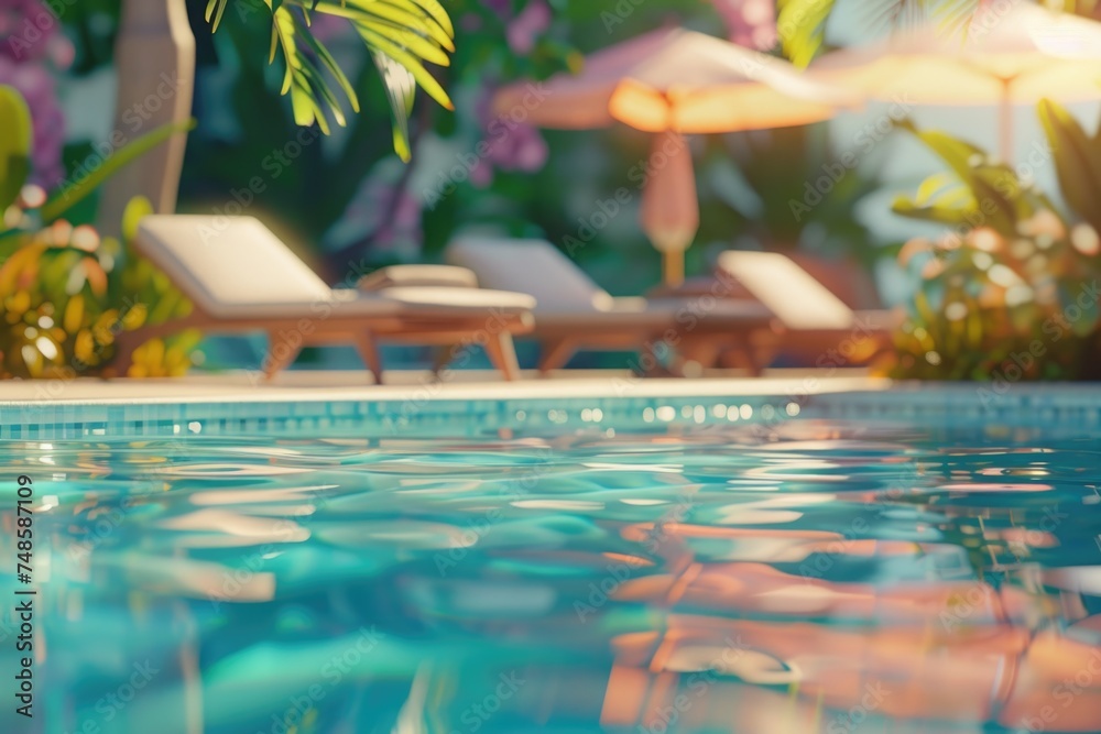 Poster a serene pool setting with lounge chairs and umbrellas, perfect for vacation and travel concepts