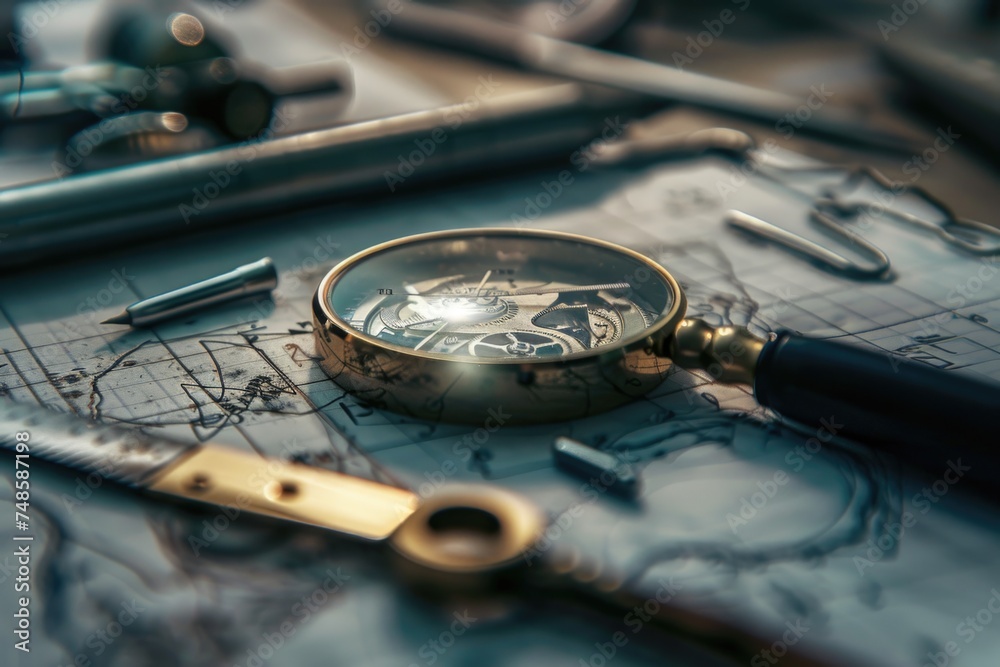 Poster a magnifying glass sitting on top of a map. ideal for travel or exploration concepts