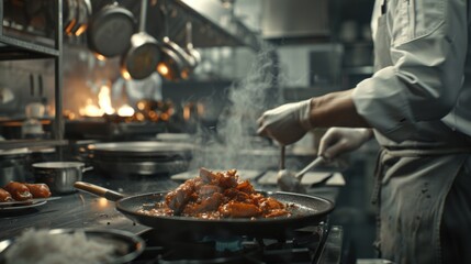 A chef preparing food in a commercial kitchen. Perfect for culinary blogs or restaurant promotions