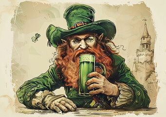 St. Patrick's Day leprechaun drinks green beer vintage