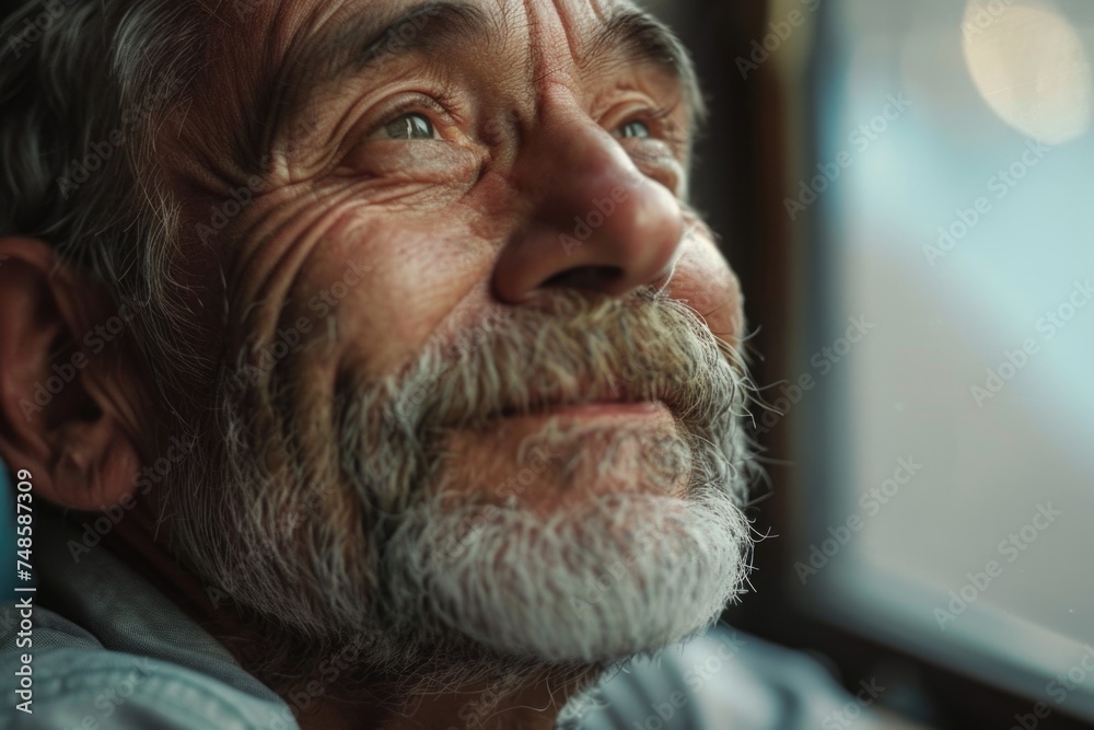 Aufkleber close up of a man gazing out a window, suitable for various concepts and designs