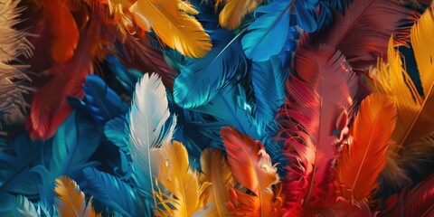 Vibrant close-up of assorted feathers, perfect for creative projects - obrazy, fototapety, plakaty