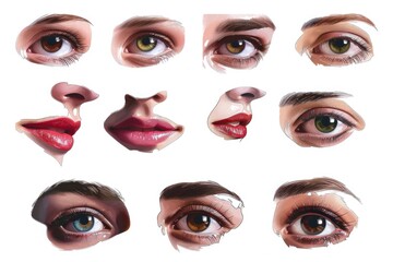 Various close-up shots of eyes and lips. Ideal for beauty and fashion concepts
