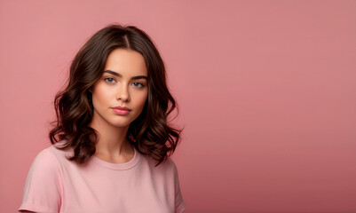 Fototapeta premium A thoughtful girl with dark gorgeous hair isolated on a pink background. a glance to the side. copy space. studio photo