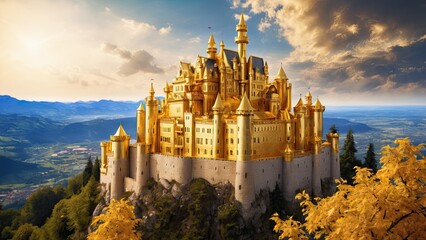 Castle made of gold, fantasy kingdom, wide angle, 3d render - obrazy, fototapety, plakaty