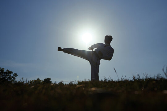 Silhouette of taekwondo sportswoman doing high kick against setting sun - Powered by Adobe