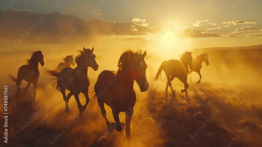 Poster Group of horses running in open field. Suitable for nature and animal themes