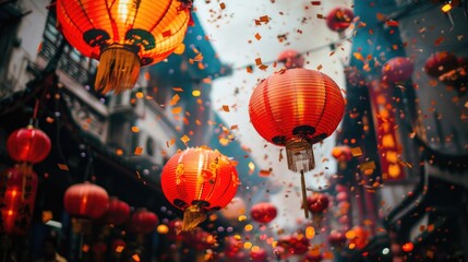 A vibrant street filled with red paper lanterns. Perfect for festive occasions and cultural celebrations - obrazy, fototapety, plakaty