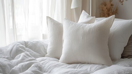 a close up of three pillows on a bed with a white comforter and a window with white curtains in the background.