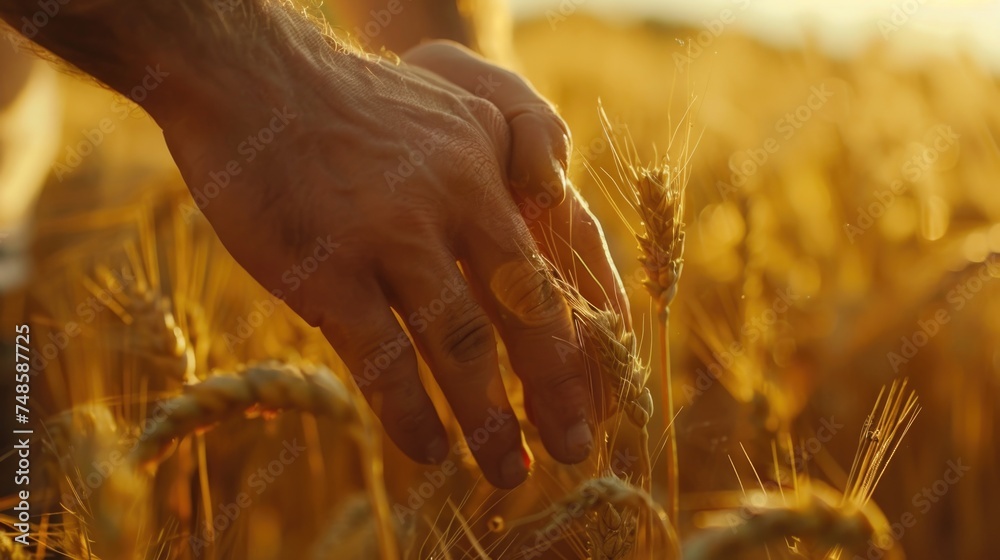 Poster a person's hand touching a stalk of wheat in a field. suitable for agricultural concepts
