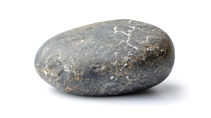 Large smooth stone isolated on white background. The stone is dark gray in color and has a rough texture. It is sitting on a white surface.