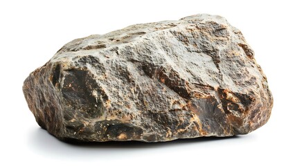 Large, solid rock with a rough, textured surface isolated on a white background.