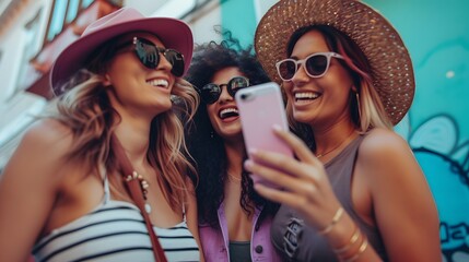 Three young women are walking down the street and laughing. They are all wearing sunglasses and stylish clothes.