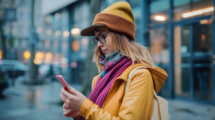 Young woman wearing a yellow jacket, brown beanie, and glasses uses her smartphone while standing outside in the city.