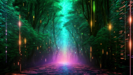 A mesmerizing trail of Ai binary code lettering vibrant color, Pathway road through a green lush forest of pixels, Explore nature trees digital depths.