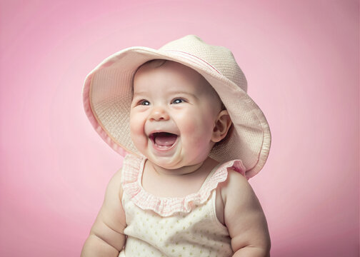 Portrait of cute newborn laughing happy baby in summer hat and dress as studio shoot on pastel colors background