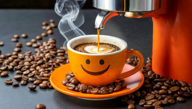 Closeup of a modern espresso machine pouring coffee into an orange cup with a smiling face, on a black table with many roasted coffee beans. Generative Ai.