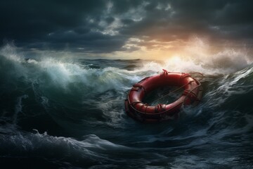 Lifesaving Life buoy rescue ring sea. Safe float. Generate AI - obrazy, fototapety, plakaty
