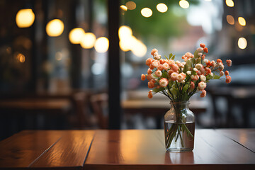 Flowers in vase on blurry cafe background. - obrazy, fototapety, plakaty