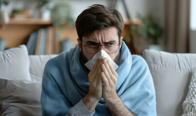 photo sick handsome man with headache sitting at home malaria