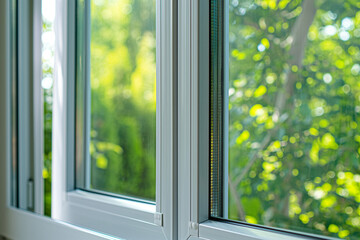 Energy-efficient home windows with double glazing, close-up on the technology and design, promoting sustainability and comfort 