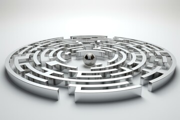 A silver maze with a ball in the middle. Generative AI.