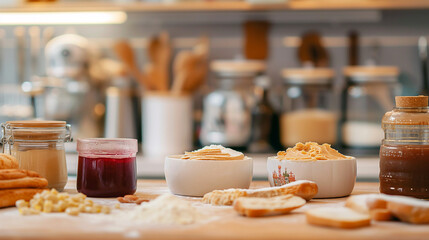 Making of a peanut butter and jelly sandwich, ingredients spread out on a counter, process and preparation, family kitchen scene