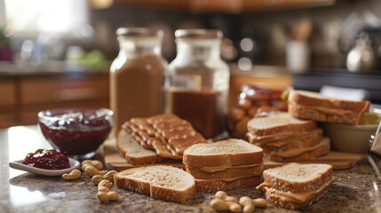 Making of a peanut butter and jelly sandwich, ingredients spread out on a counter, process and preparation, family kitchen scene