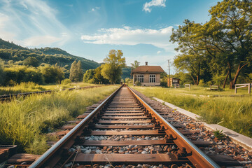  Train station in the countryside, Single track with a small platform, Natural landscape surrounding, Peaceful and idyllic setting