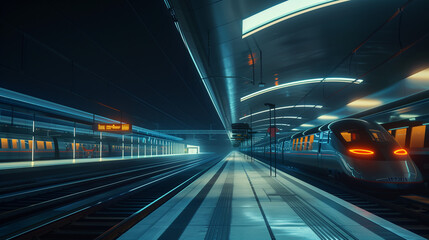 Modern train station at night, Illuminated platforms and sleek trains, Futuristic architecture, Quiet and serene atmosphere