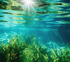 Fototapeta na wymiar Underwater grasses and sunlight. Generative AI.