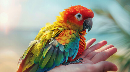 Beautiful wavy parrot in his hand.