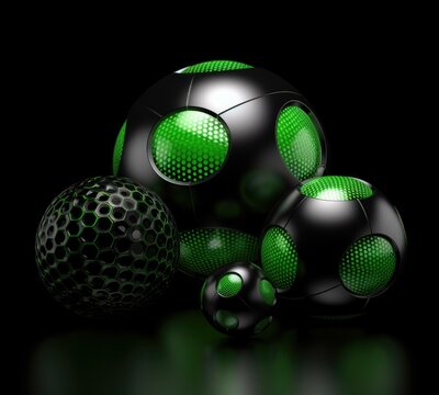 Three green balls on a black background. Generative AI.