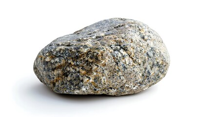 A rock isolated on a white background. The rock is gray and has a rough texture. It is about the size of a softball.