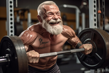 Bodybuilder. Elderly pensioner old man lifts a barbell in gym smiling. 60-70 Year Old Bodybuilder. Funny old grandfather in gym goes in for sports. Pensioner with smile lifts weight in sports club. - obrazy, fototapety, plakaty