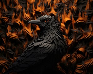 Fototapeta premium A black bird stands in front of a wall of orange and black flames. Generative AI.