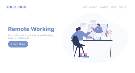Remote Working. Web Landing Page Design. Flat Cartoon Vector Illustration. Vector illustration, suitable for web landing page, ui, mobile app.