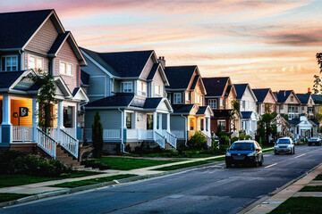 Houses in the evening, houses on the street, houses on the street in the evening, Street of suburban homes, modern building - obrazy, fototapety, plakaty