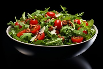 Fresh and healthy arugula salad with cherry tomatoes and nuts in bowl on black background