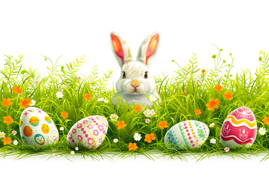 Easter Bunny Decorated Eggs Adorable Rabbit Isolated White Background Header Banner