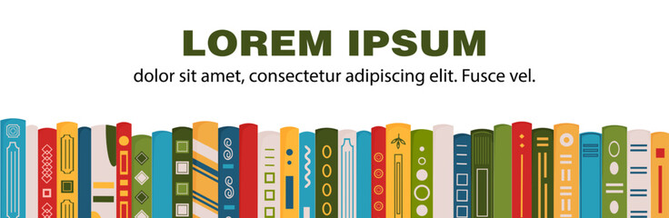 Horizontal banner with different books. Advertising template for bookstore,bookshop, library, book fair or market. Vector illustration on white background.