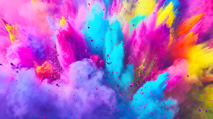 Vibrant colorful splashing powder from the lower part of image on pink background with copy space for text. Suitable for Holi festival presentations or banner design.