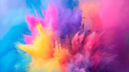 Fototapeta na wymiar Vibrant colorful splashing powder from the lower part of image on blue and pink background with copy space for text. Suitable for Holi festival presentations or banner design.