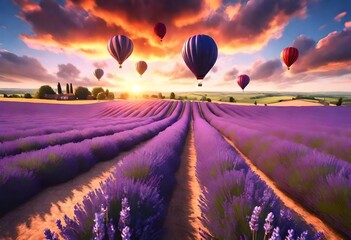 Beautiful image of stunning sunset with atmospheric clouds and sky over vibrant ripe lavender...