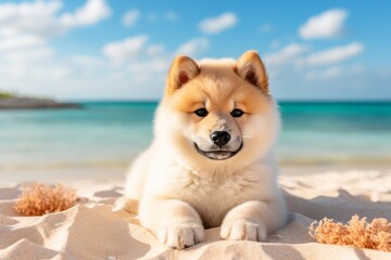 Adorable fluffy puppy on sandy shore in a peaceful coastal scene with gentle sea waves - obrazy, fototapety, plakaty