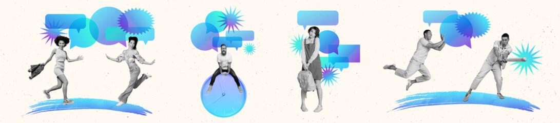 Creative collage panorama picture collection of different people communications figures textboxes...